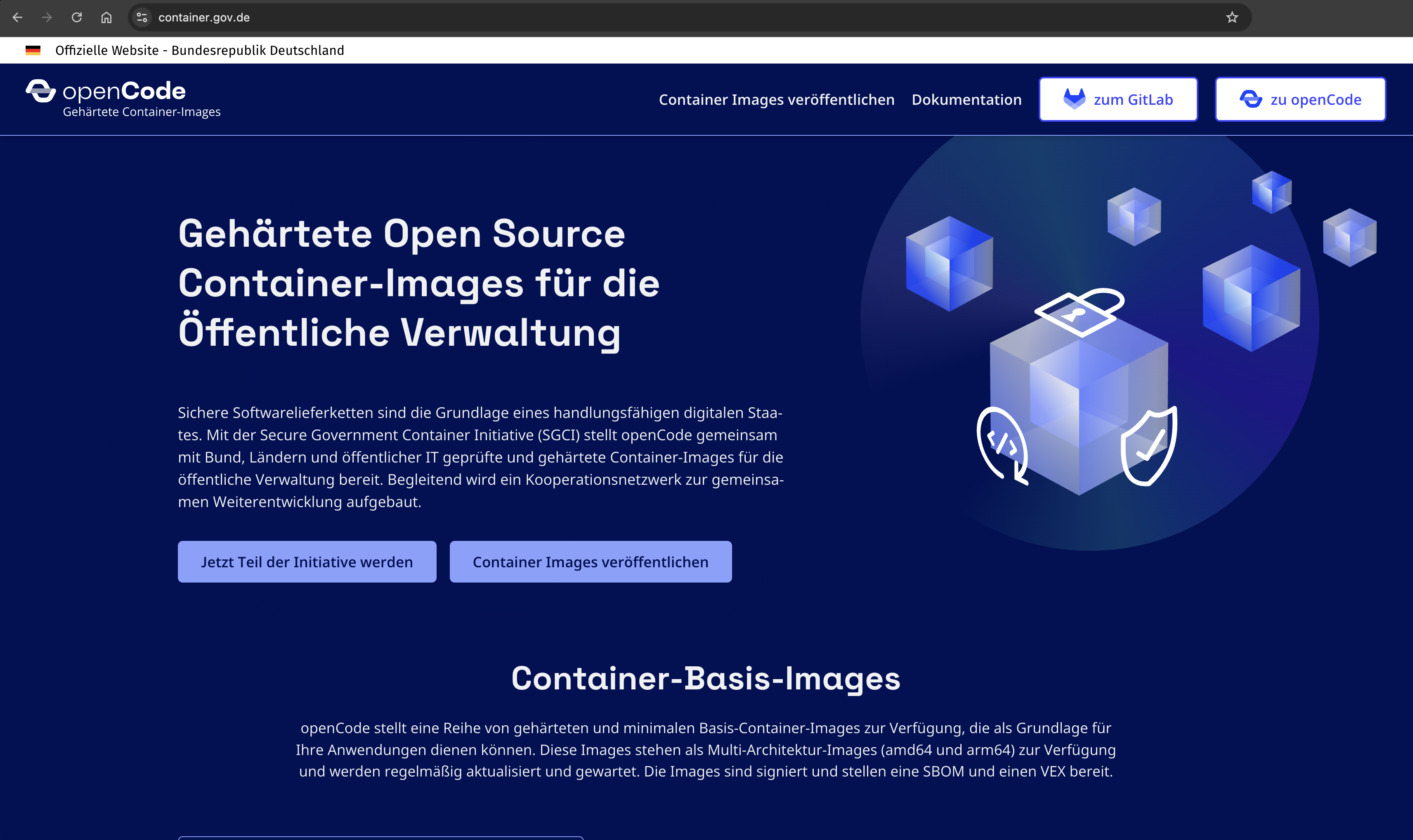 Screenshot der SGCI-Webseite mit dunklem Hero und Überschrift Gehärtete Open Source Container-Images