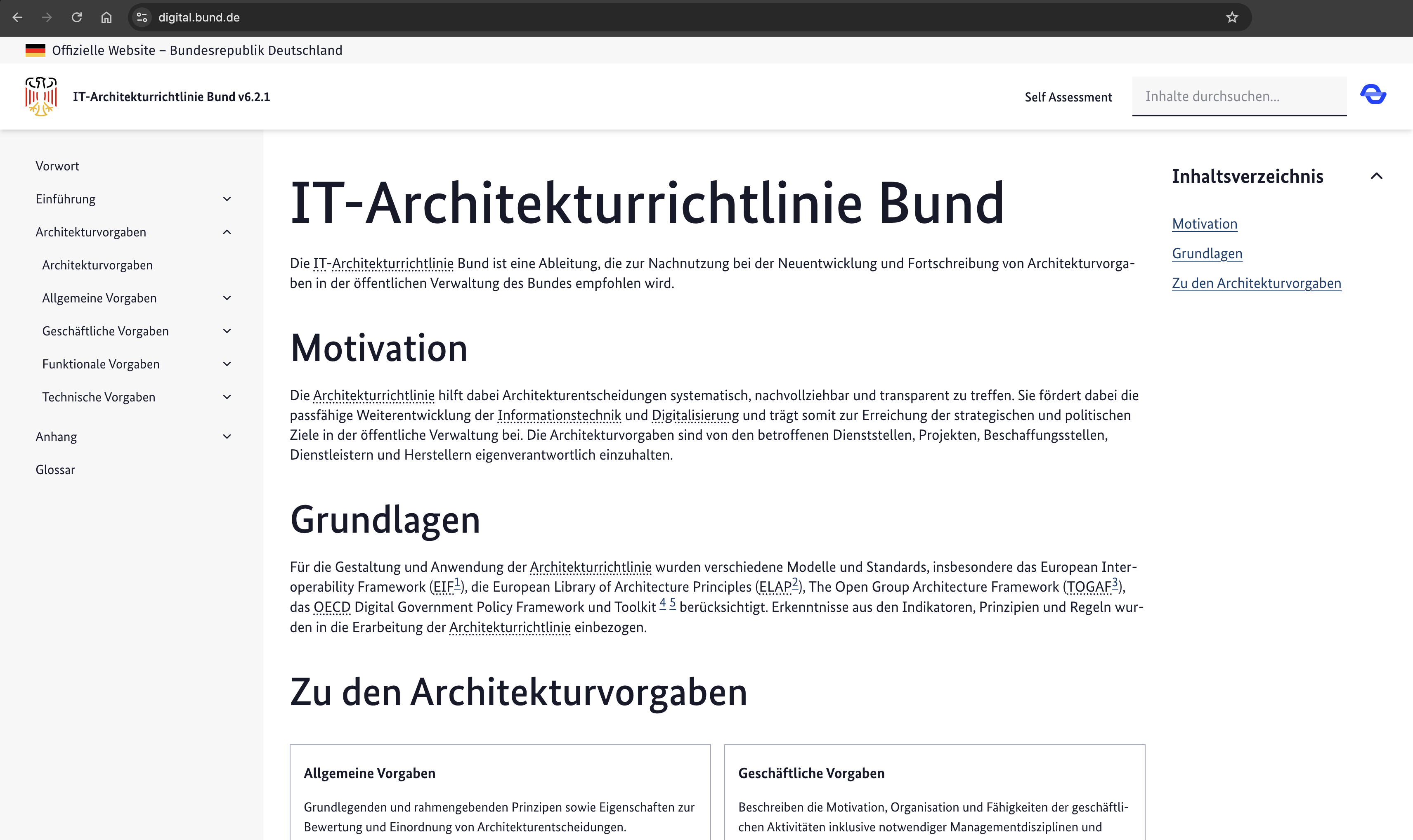Screenshot der IT-Architekturrichtlinie Bund im Bundes-Design mit Abschnitten Motivation und Grundlagen