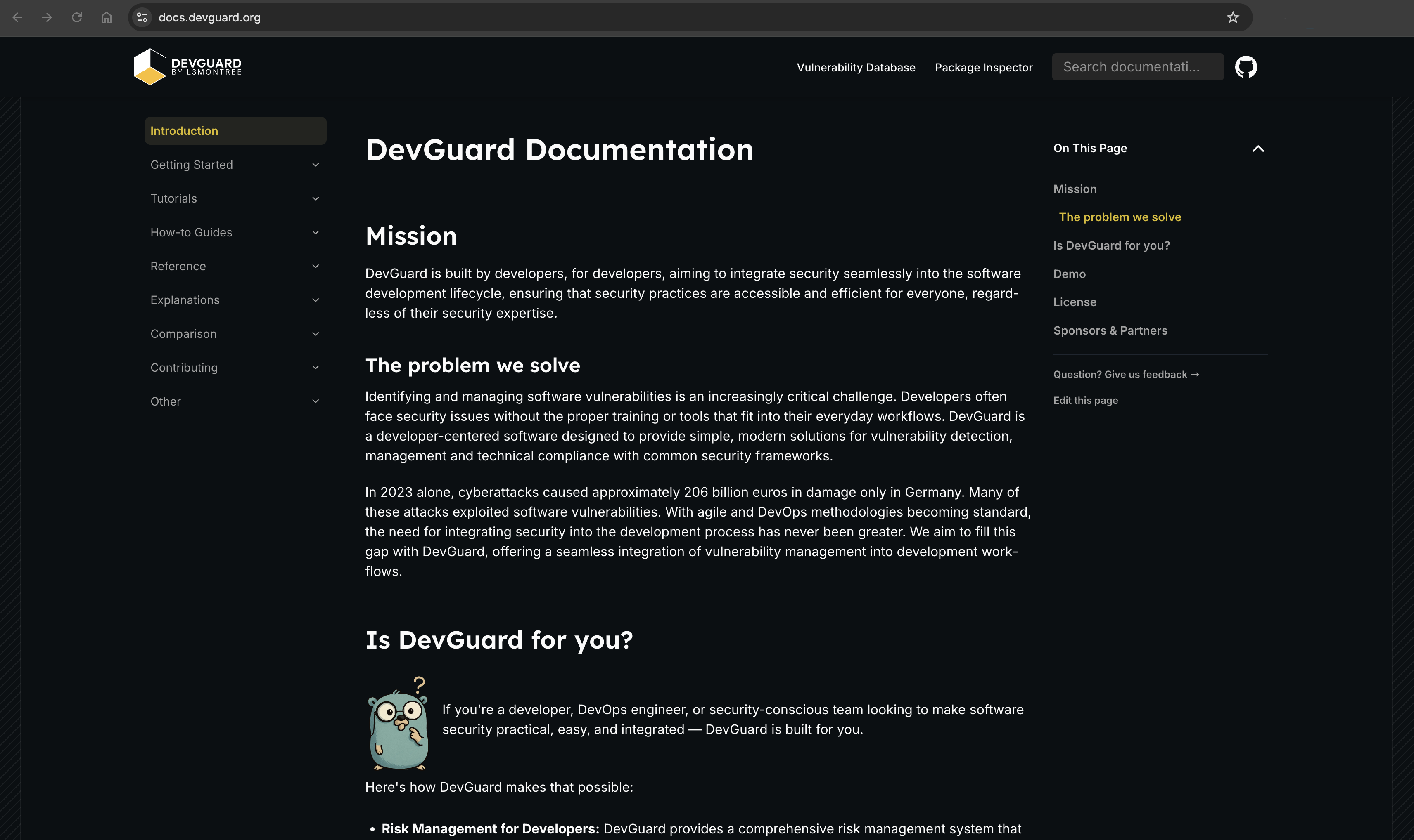 Screenshot der DevGuard Dokumentationsseite im Dark Mode mit Mission und Einleitung