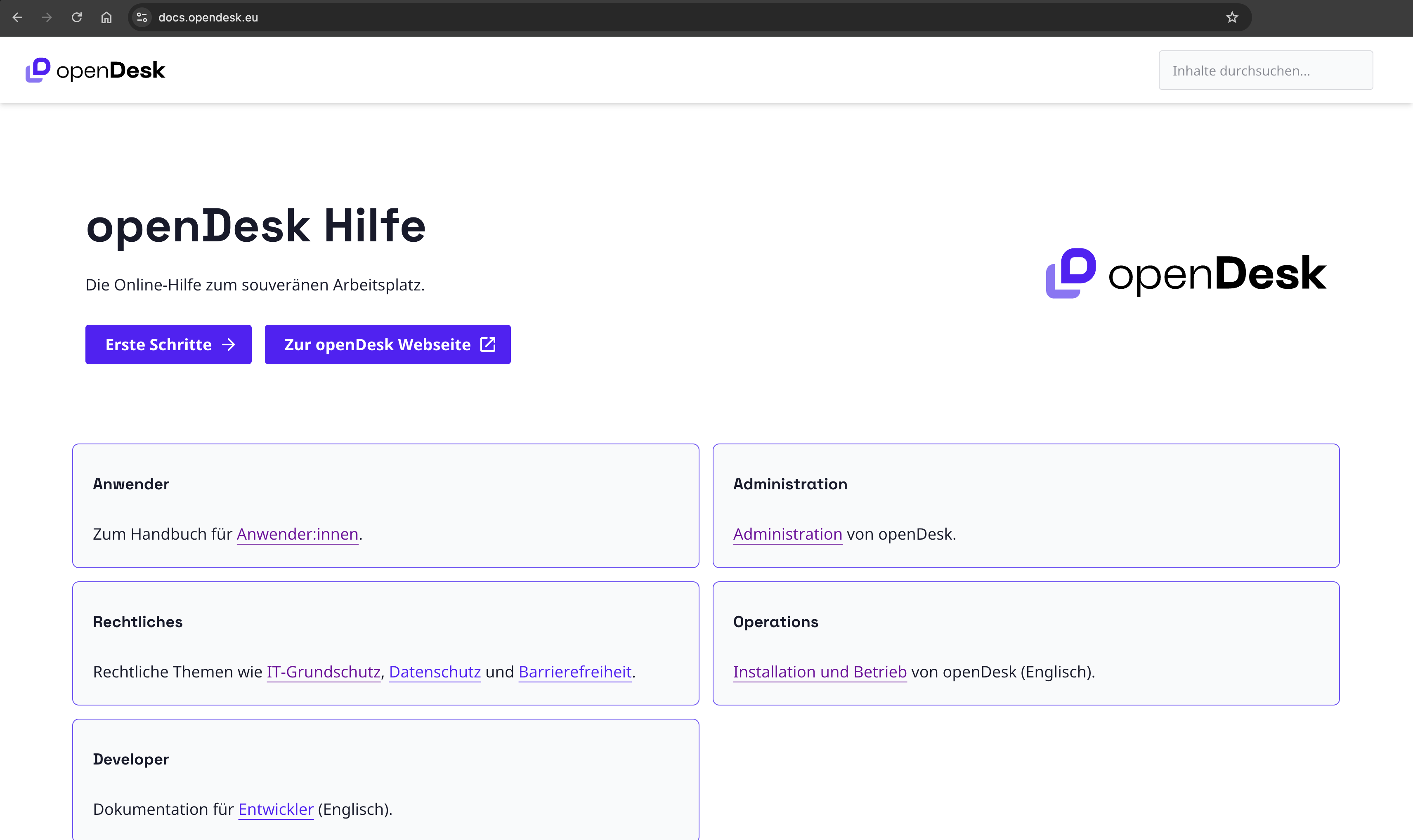 Screenshot der openDesk Hilfe-Startseite mit Kachelnavigation zu Anwender, Administration und Developer