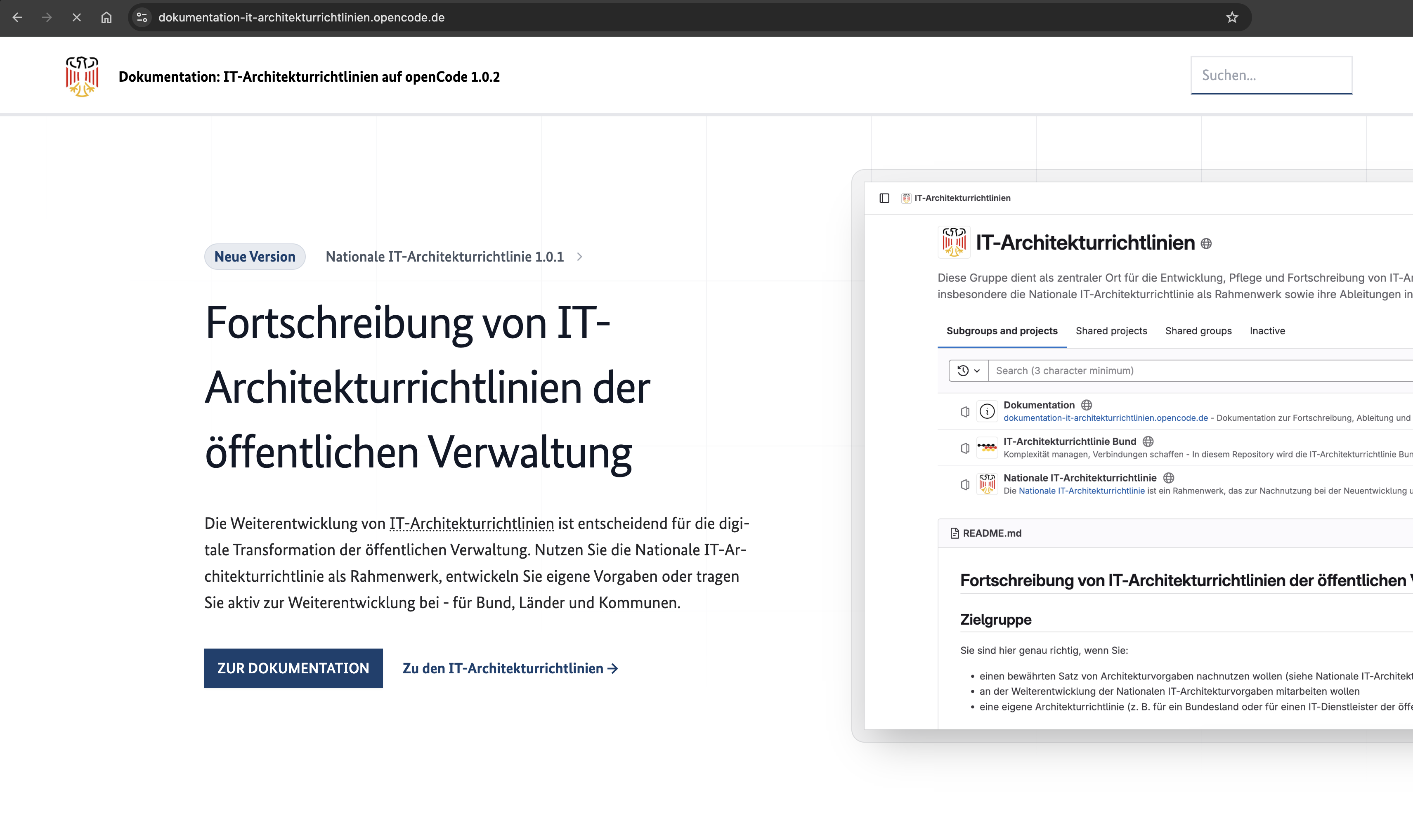 Screenshot der Dokumentationsseite für IT-Architekturrichtlinien auf openCode mit Hero und Repo-Übersicht