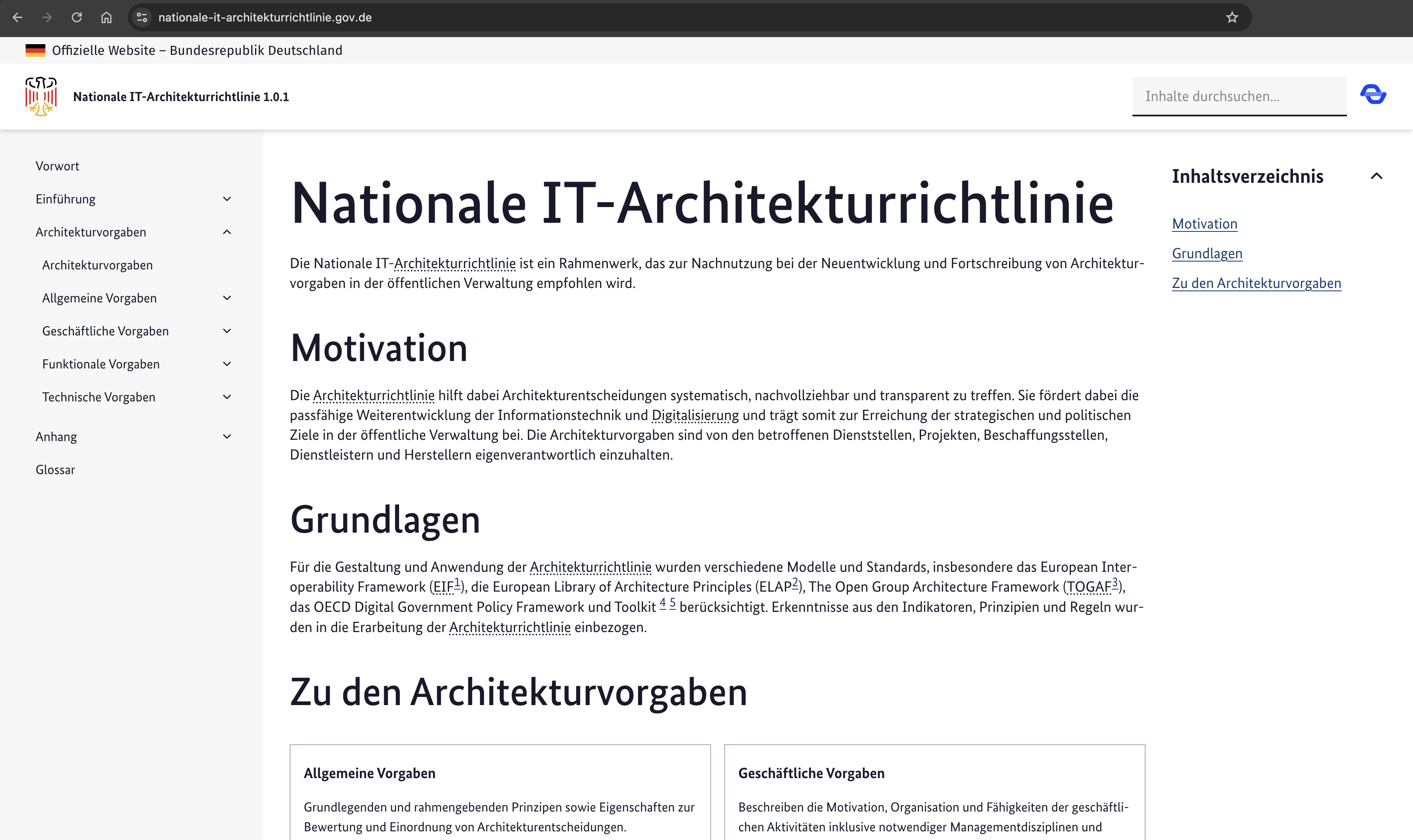 Screenshot der Nationalen IT-Architekturrichtlinie im Bundes-Design mit Abschnitten Motivation und Grundlagen