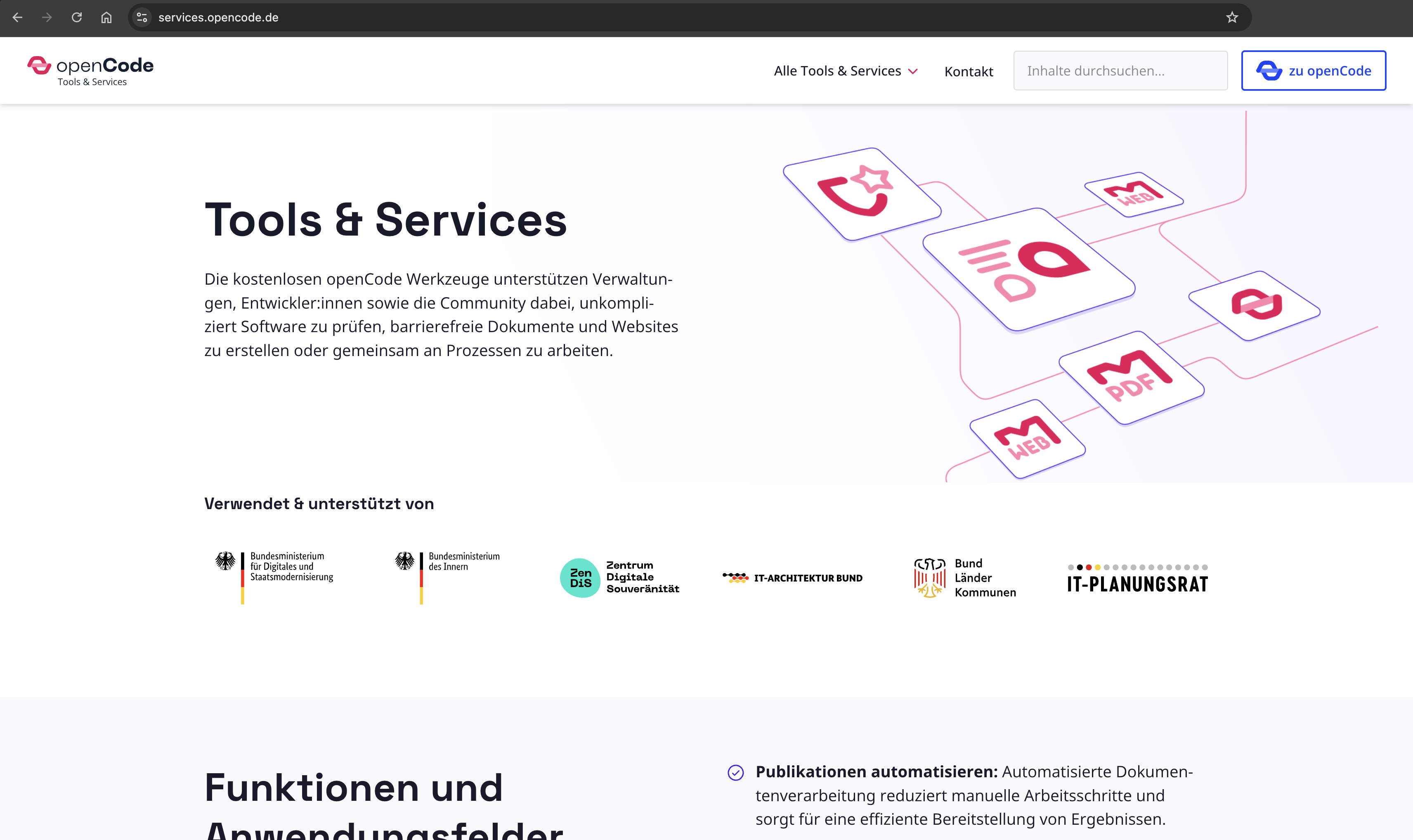 Screenshot der openCode Tools & Services Landingpage mit Hero-Bereich und Logo-Reihe
